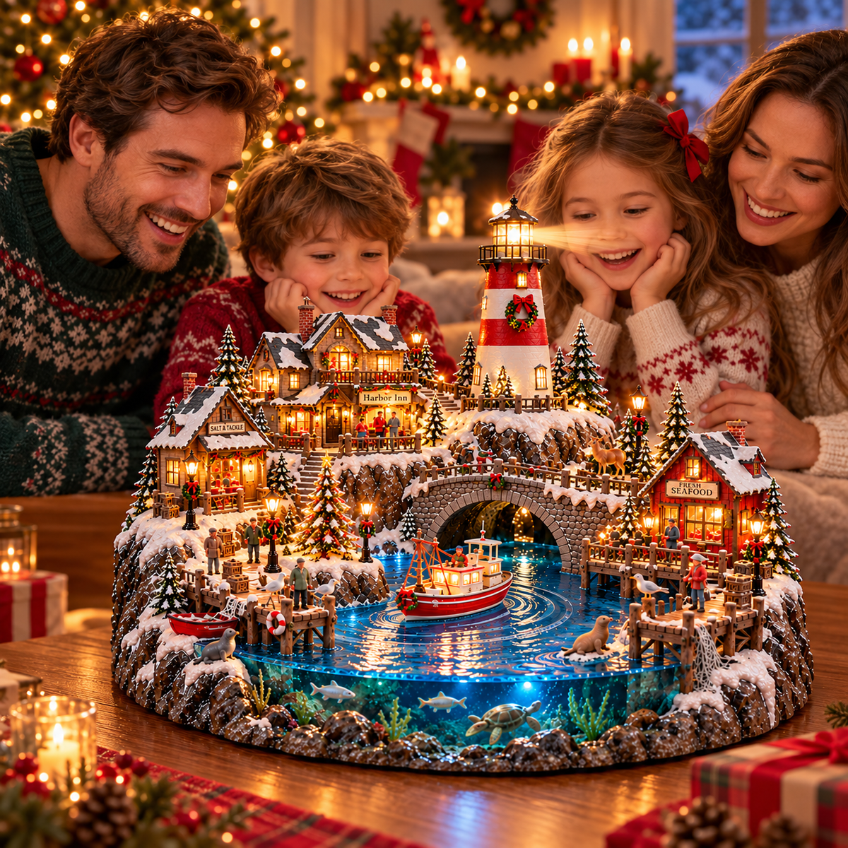 🔥 LAST DAY 50% OFF 🔥 Harborlight Christmas™ — Lighted Coastal Village with Lighthouse, Fishing Boat & Underwater Scene ✨
