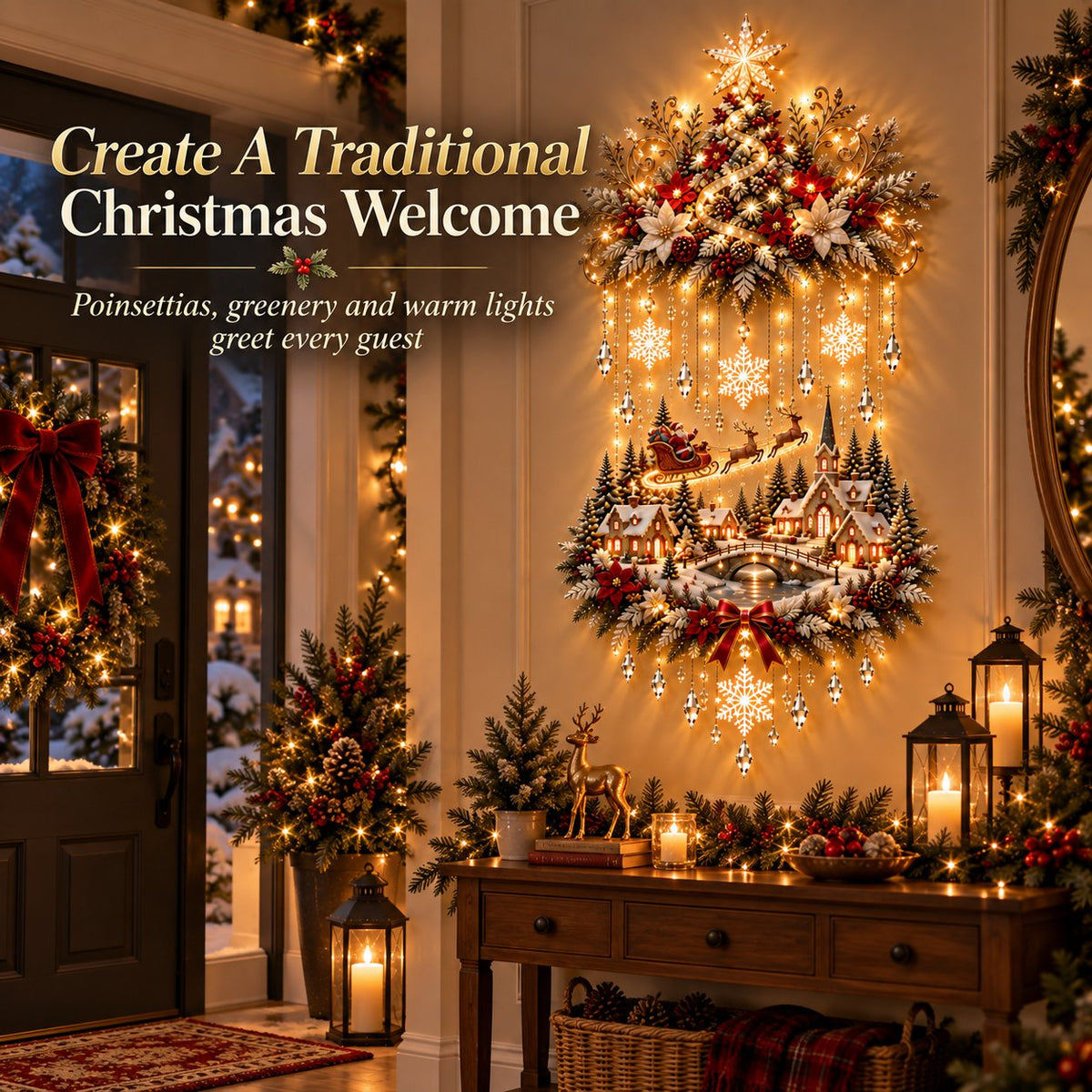🎄 Illuminated Christmas Tree & Village Wall Hanging | 🎁Cascading Warm Lights for Living Rooms, Entryways & Staircases ✨