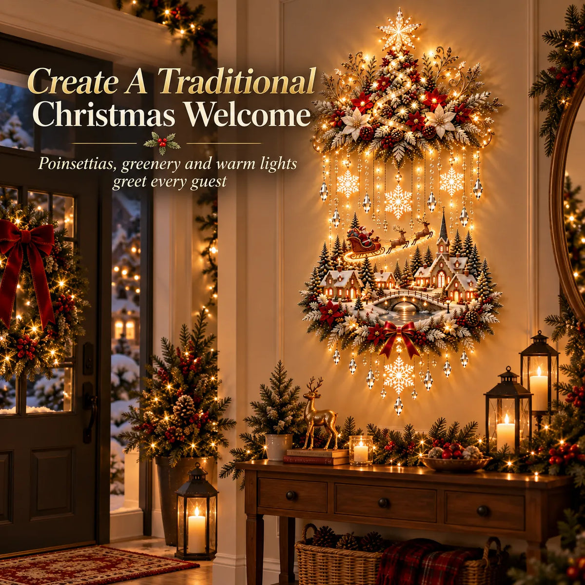 Christmas tree village wall hanging displayed over entryway console