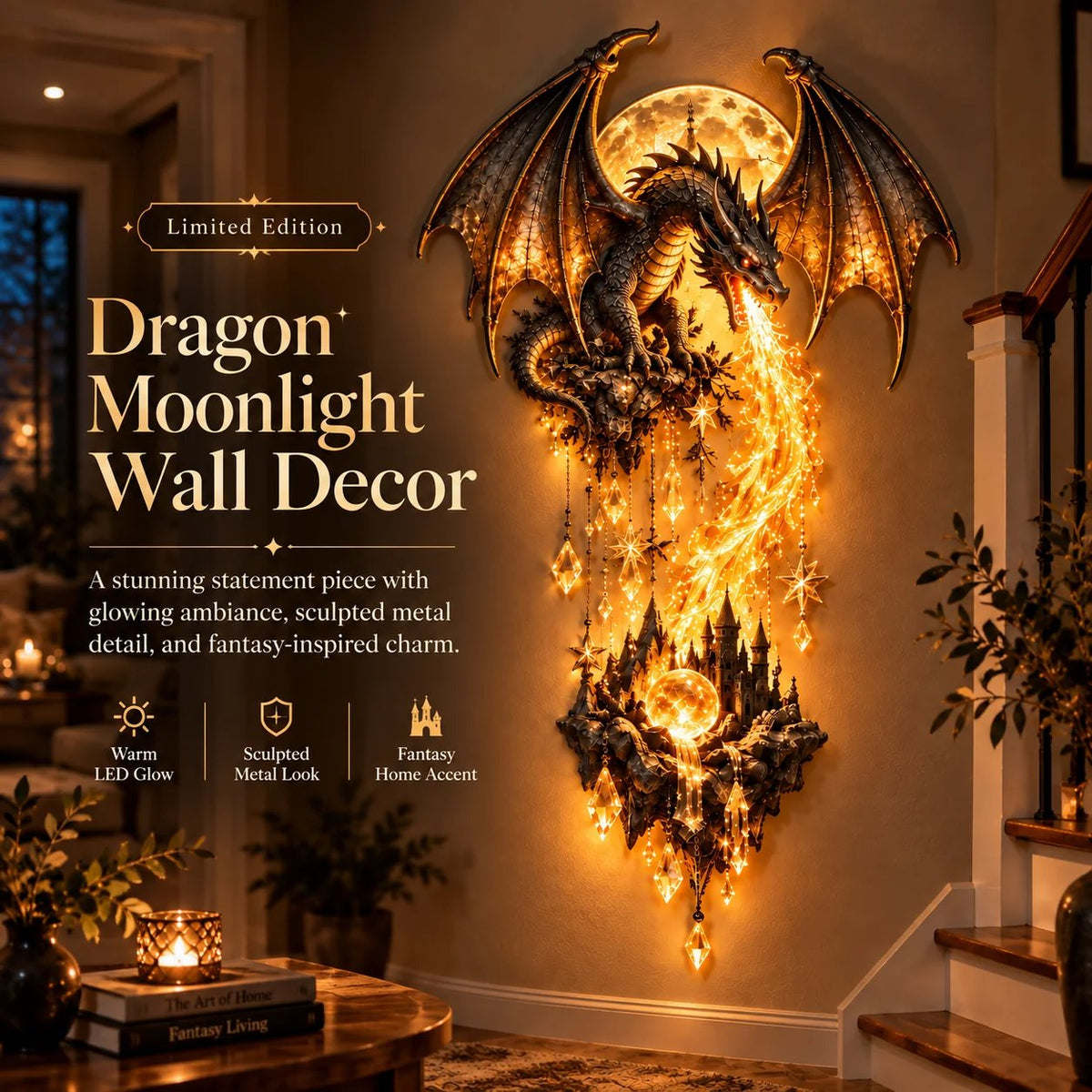 🔥 Last Day 50% OFF – 🐉 Dragonfire Moonlight Wall Lamp | Enchanted Fantasy Castle Decor 🌙