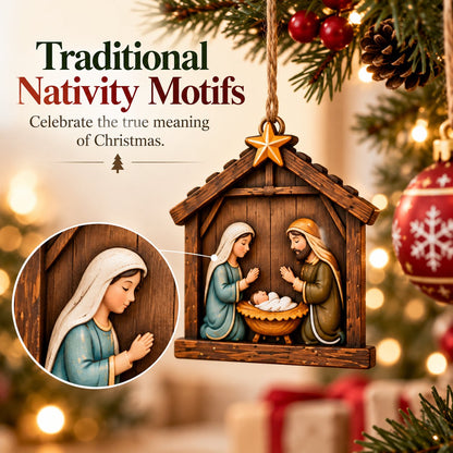 🎄 Set of 10 wooden ornaments featuring nativity and Christmas motifs