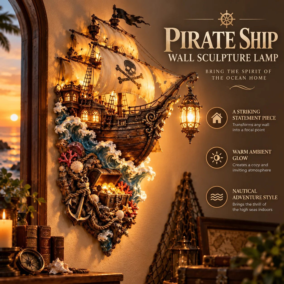 🏴‍☠️⛵🔥 Illuminated Pirate Ship Wall Lantern | Glowing Ghost Ship & Treasure Chest Sculpture, Nautical Fantasy Coastal Wall Décor