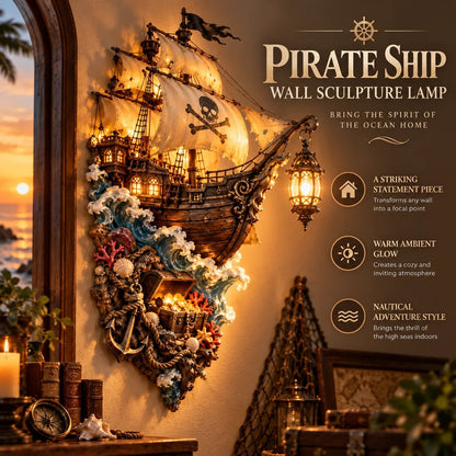 🏴‍☠️⛵🔥 Illuminated Pirate Ship Wall Lantern | Glowing Ghost Ship & Treasure Chest Sculpture, Nautical Fantasy Coastal Wall Décor