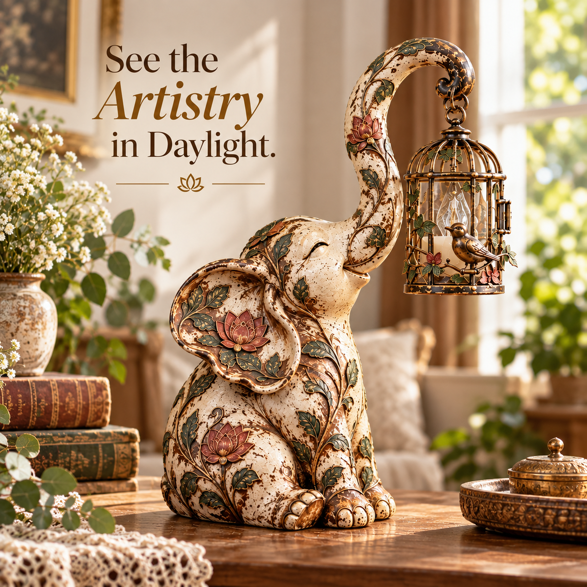 🐘✨Gentle Glow Elephant™ – Vintage Floral Lantern Statue