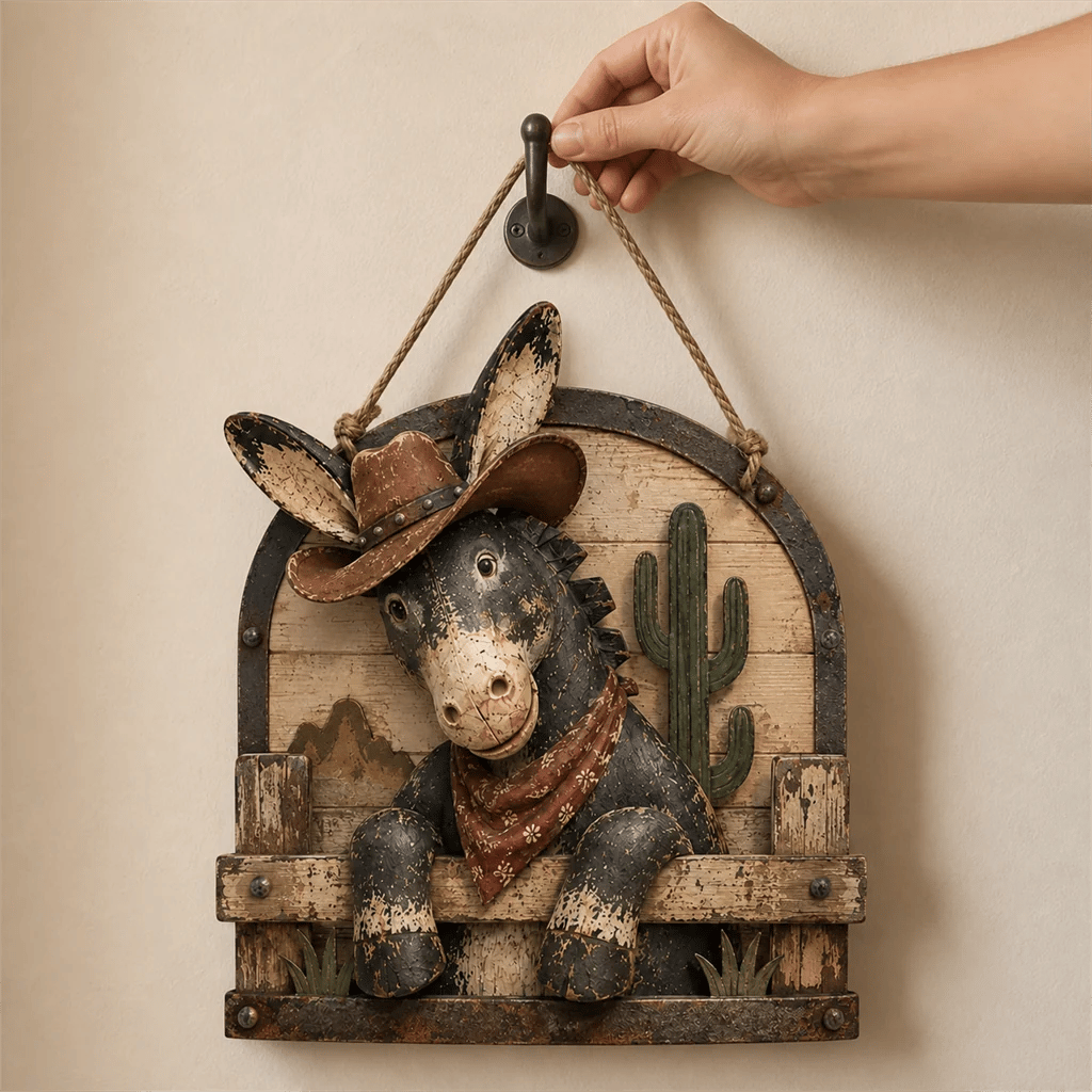 🫏 Rustic Cowboy Donkey Wall Hanging – Western Farmhouse Décor & Country Keepsake