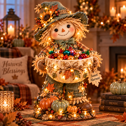 🍂 Lighted Scarecrow Candy Bowl | Harvest Table Decor