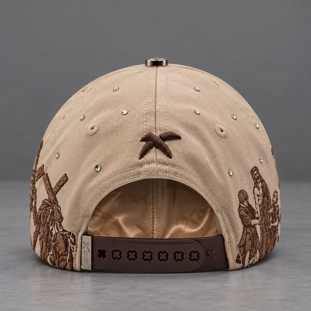 Back view of the ViaCrucis cap showing adjustable strap and rear embroidery