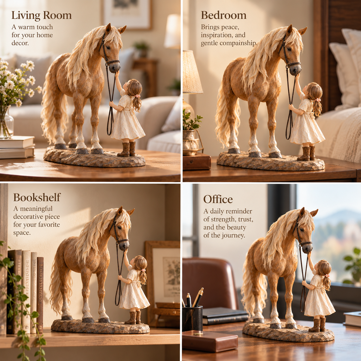 Girl and horse figurine displayed in four indoor settings: living room side table, bedroom nightstand, bookshelf and office desk