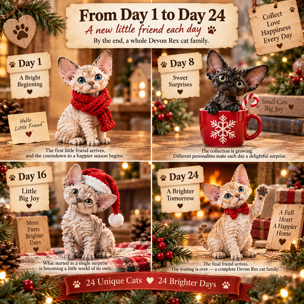Devon Rex Advent collection countdown from Day 1, Day 8, Day 16 to Day 24