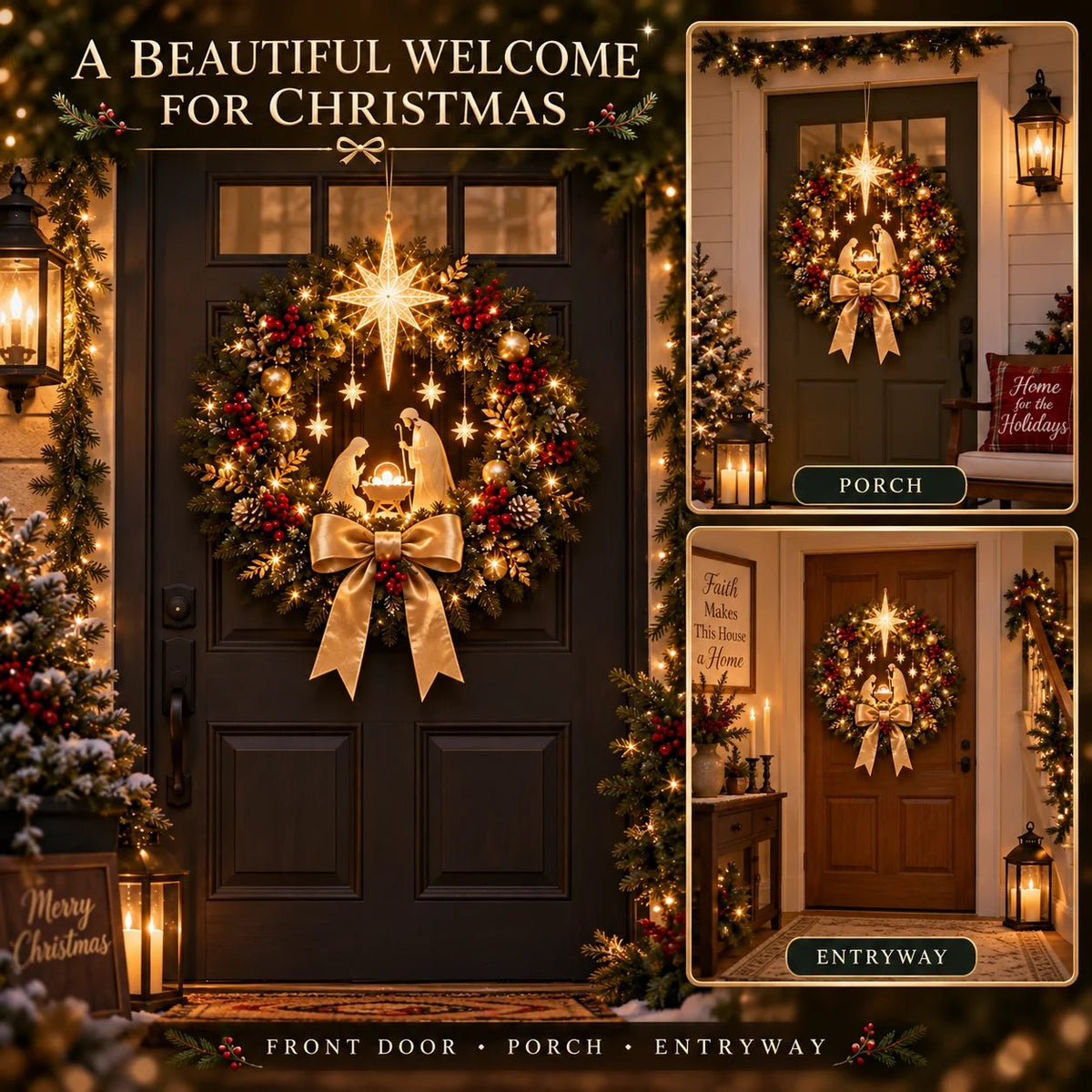 🔥HOT SALE🔥 49% OFF✨ Lighted Nativity Christmas Wreath – Bethlehem Star Front Door Decor🎄