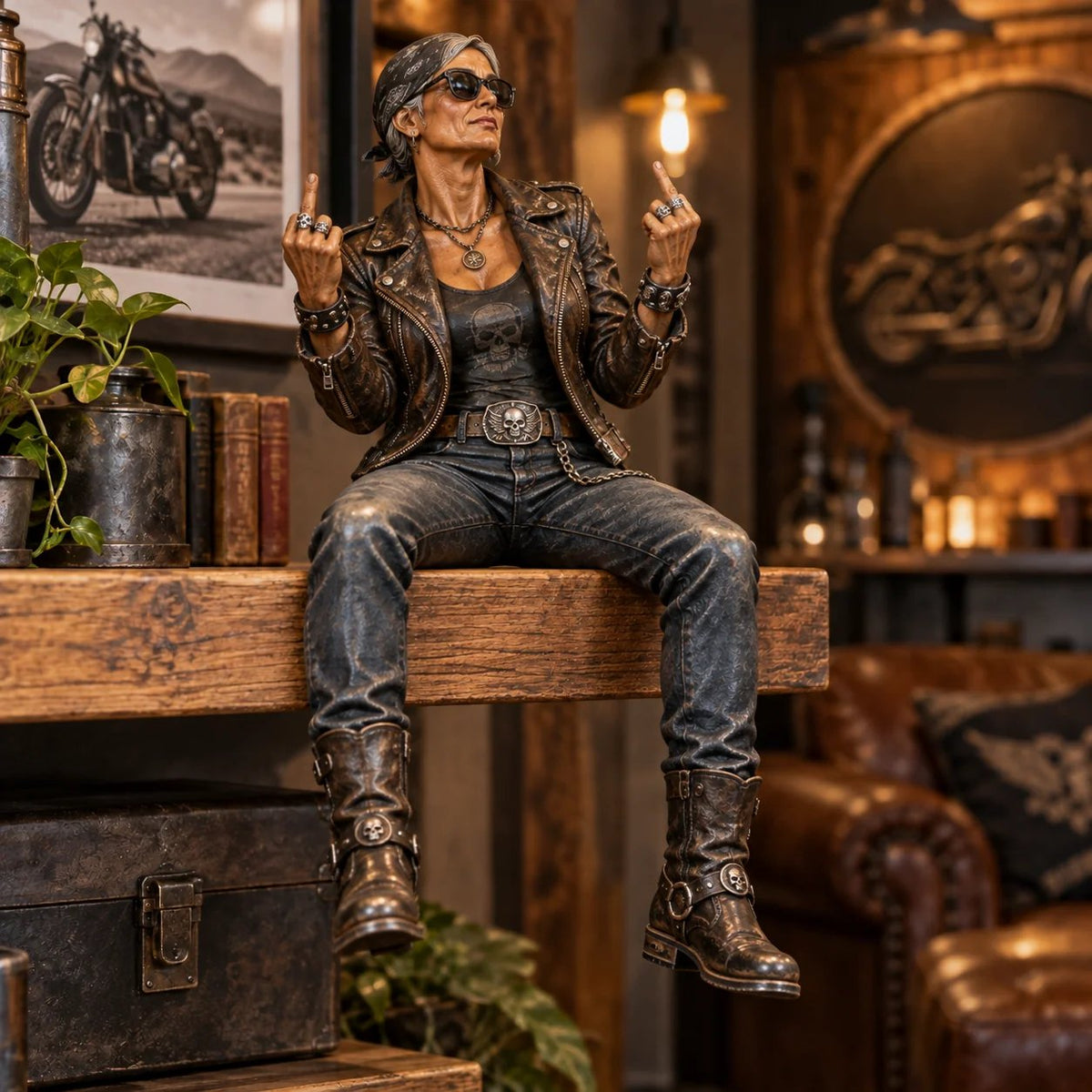 🔥 LAST DAY 50% OFF 🔥🏍️ Old Biker Soul™ – “Women Ride Too” Shelf-Sitter Figurine with Silver Hair, Leather-Look Jacket & Motorcycle Helmet ✨
