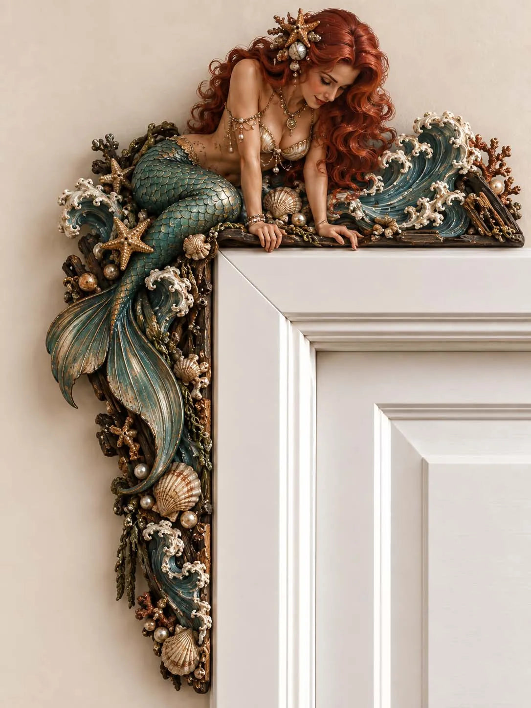 🎁Last Day 60% OFF-🧜‍♀️ 🐚 Beautiful Mermaid Door Corner 🌊 Waves & Seashells Fantasy Wall Decor