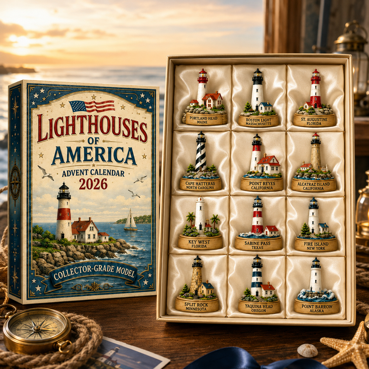 Lighthouses of America Advent Calendar 2026 – 24-Day Coastal Heritage Countdown, Collector-Grade Lighthouse Miniatures