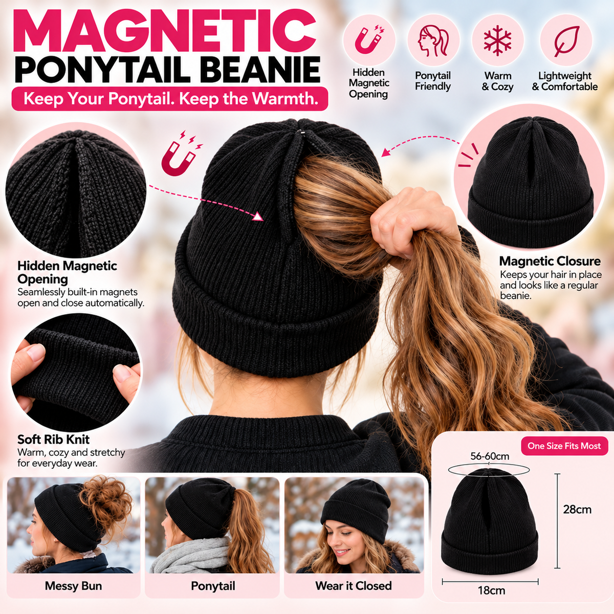 ✨2-in-1-ponytail-beanie-hat-hidden – Hidden Magnetic Closure, No-Zip Winter Knit Hat ❄️