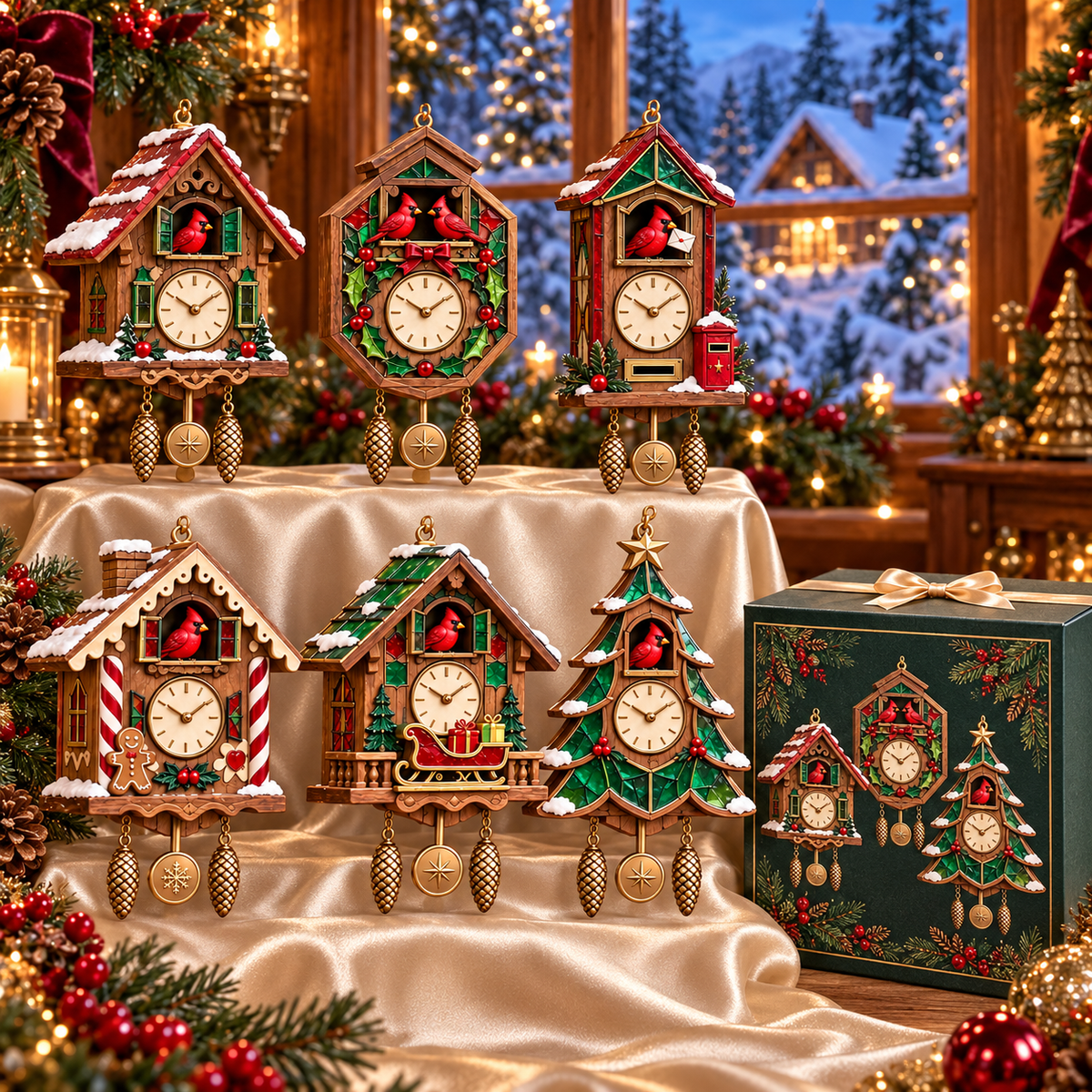 The six vintage-inspired cardinal Christmas ornaments presented in a festive gifting scene