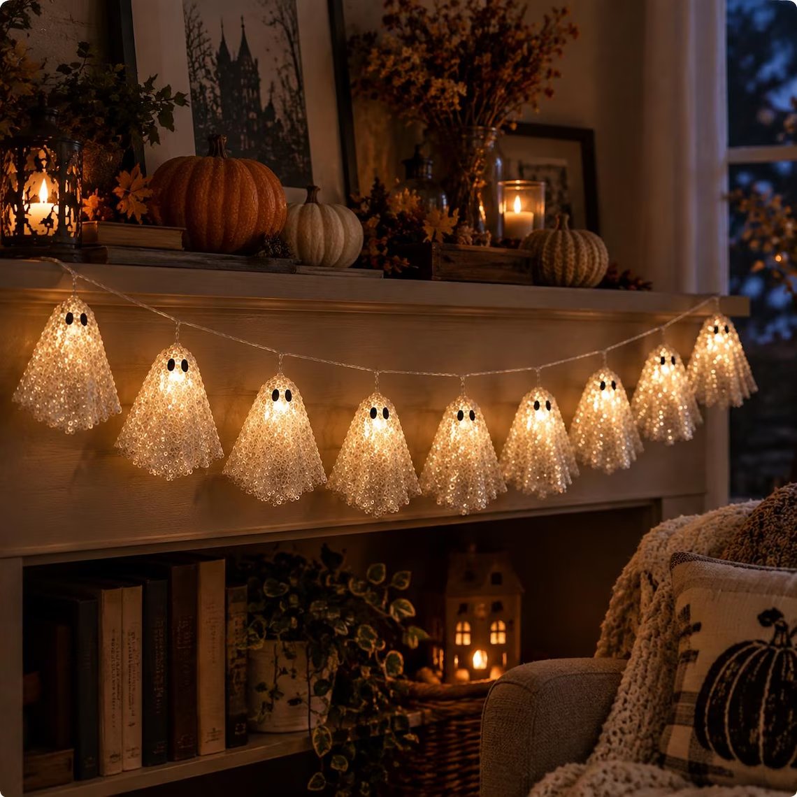 👻 Halloween Ghost Garland with LED Lights