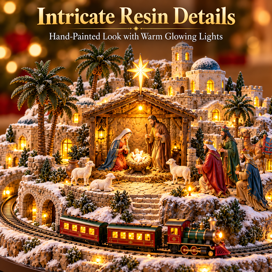 Detailed sculpted nativity village and miniature train