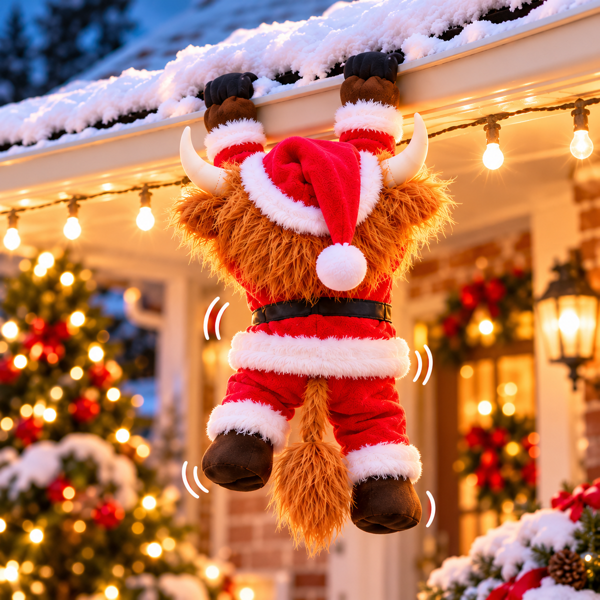 Family discovering the funny climbing Christmas Highland Cow