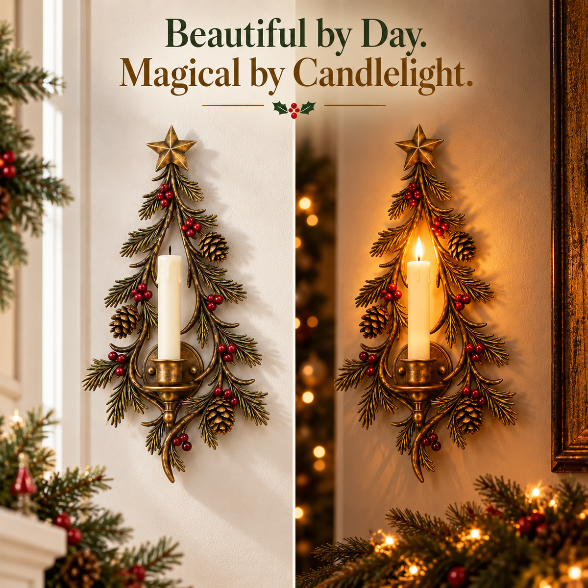 Woman styling Heritage Evergreen Candle Sconce