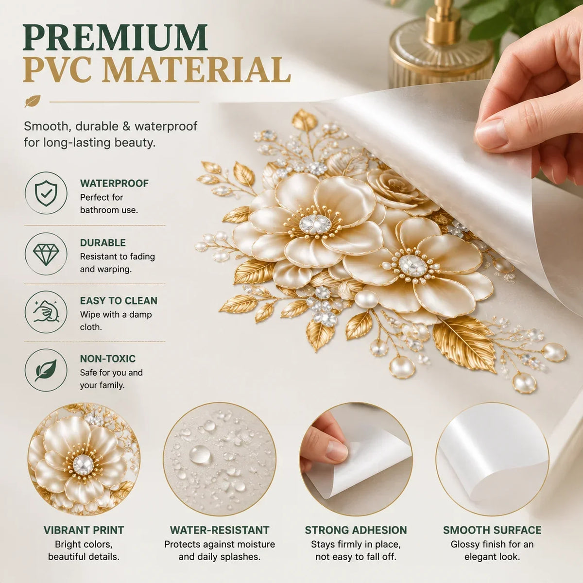 🔥 Limited-Time 49% OFF 🌸3 Piece Golden Floral Toilet Stickers – Pearl-Inspired Bathroom Decals