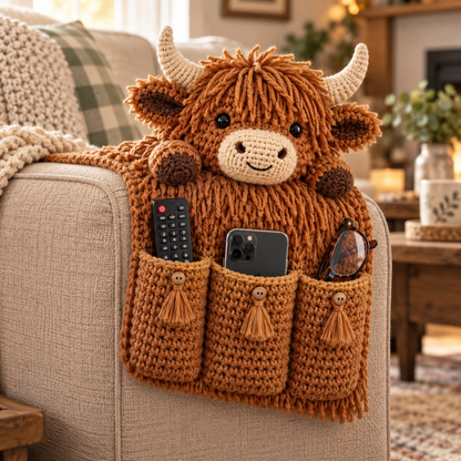 🎄 Cozy Critters™ Crochet Sofa Armrest Organizer – Cute Christmas Remote, Phone & Glasses Storage Holder