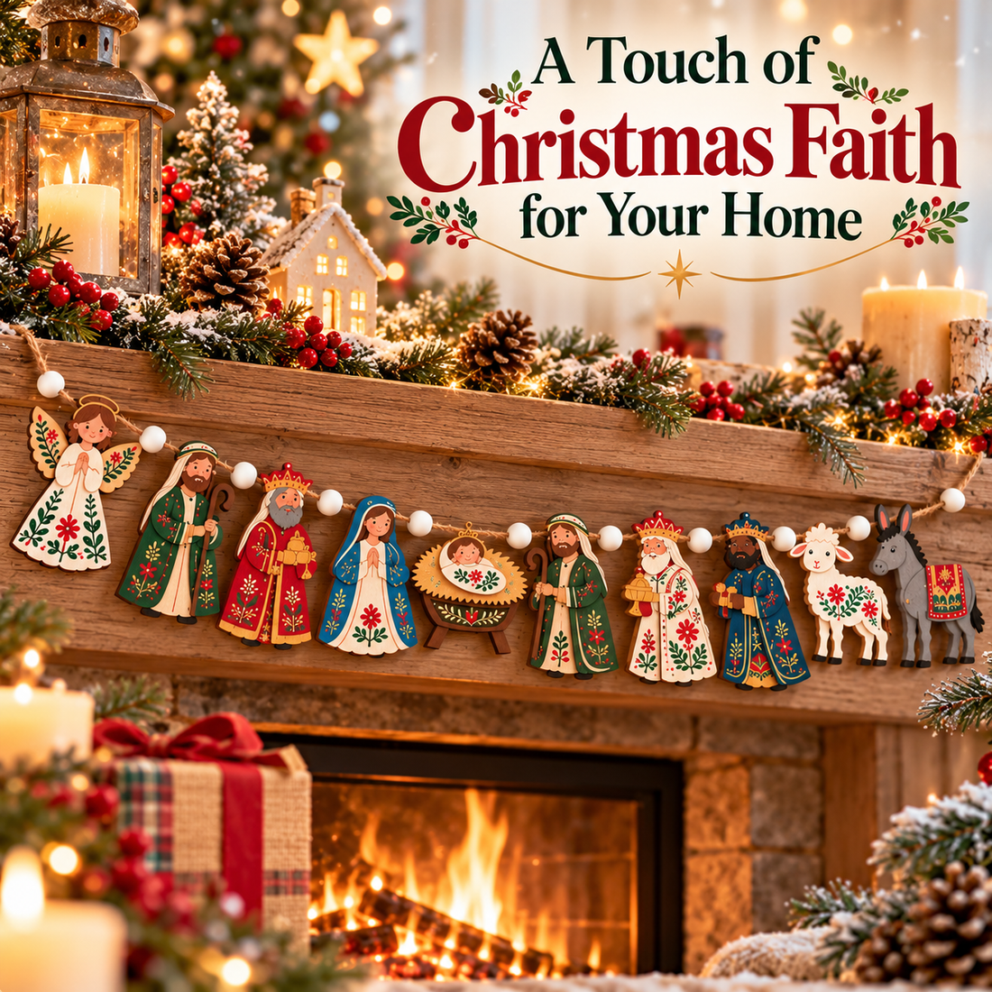 Bethlehem Blessings wooden nativity Christmas garland on a holiday fireplace mantel