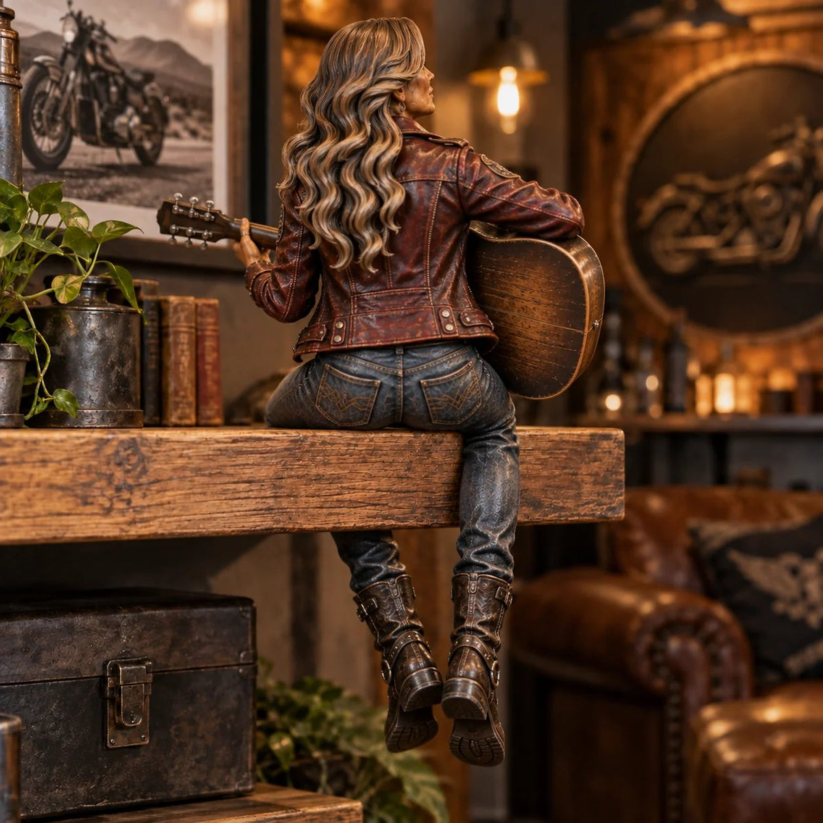🔥 LAST DAY 50% OFF 🔥🏍️ Old Biker Soul™ – “Women Ride Too” Shelf-Sitter Figurine with Silver Hair, Leather-Look Jacket & Motorcycle Helmet ✨