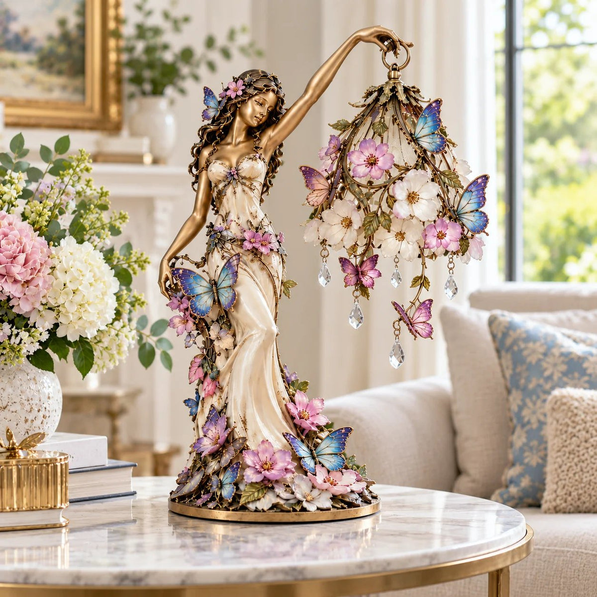 🦋 „Butterfly Lady“-Akzentlampe – Elegante Lampe im Stil einer Blumengöttin mit Kristalltropfen