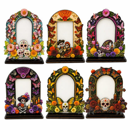 💀 DAY OF THE DEAD DECOR | 6 Wooden Memorial Photo Frames – Colorful Ofrenda Picture Frame Set with Floral Details