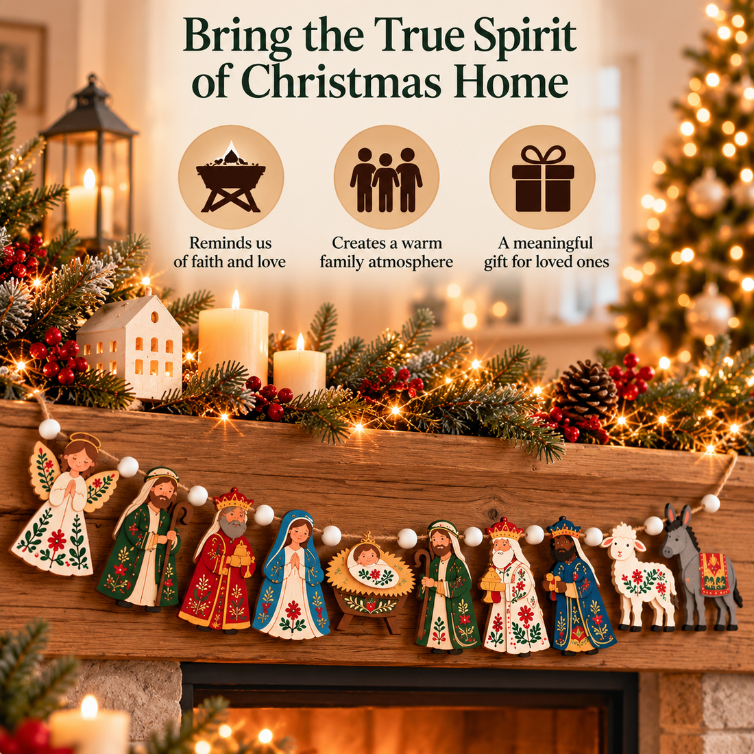 Nativity Christmas garland with Mary, baby Jesus and Bethlehem characters