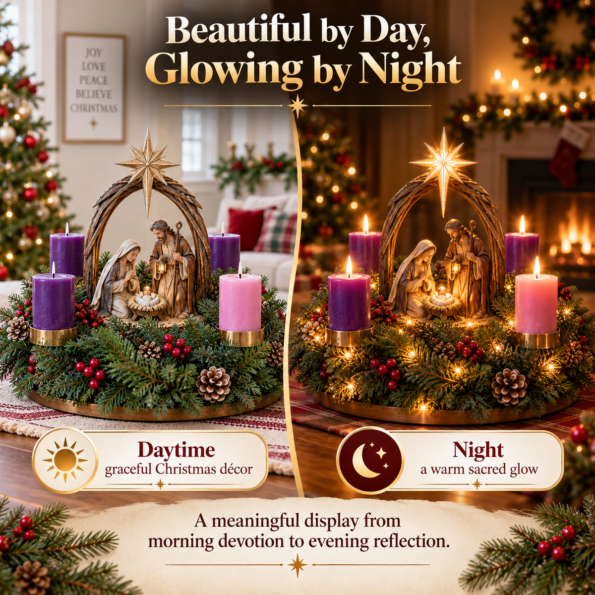 Family gathering around Nativity Advent wreath