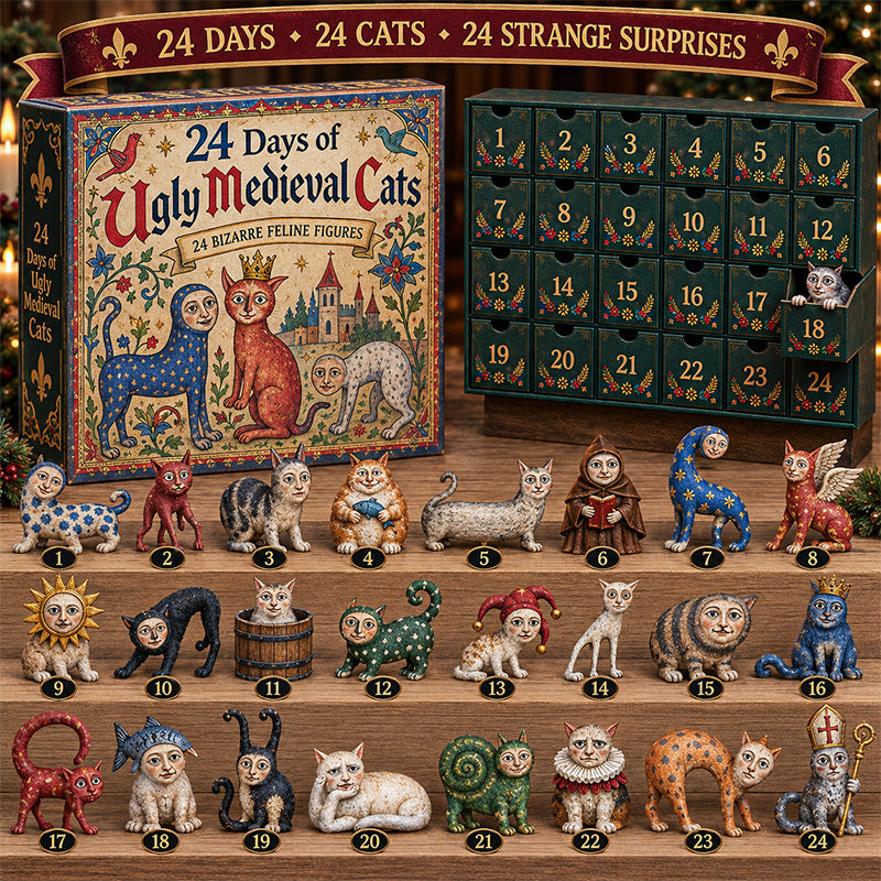 24 Days of Ugly Medieval Cats advent calendar and 24 cat figures