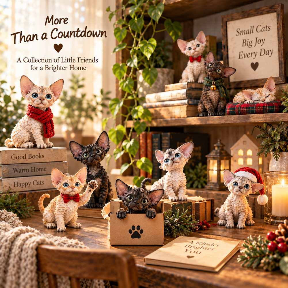 Devon Rex cat collectibles displayed on shelves and a reading table after the Christmas countdown