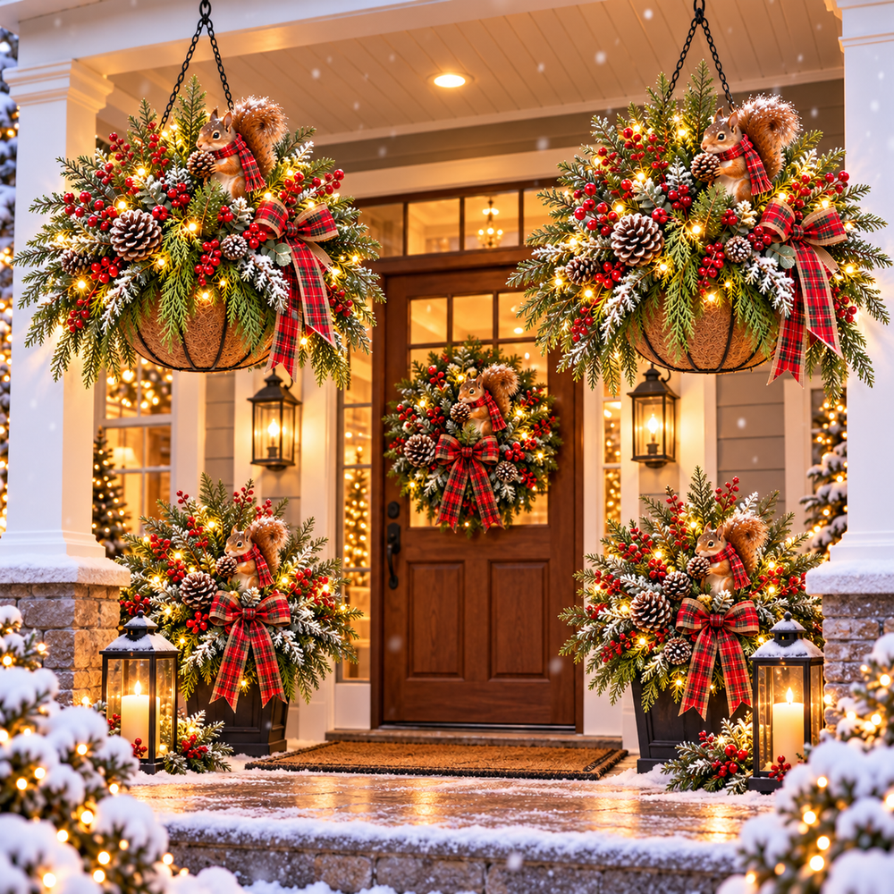 Christmas porch decorated with matching lighted squirrel hanging baskets