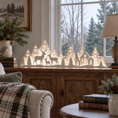 🦌 LED-Weihnachtsdekoration mit Rehen und Dorfmotiv für das Fenster | 2-teiliges beleuchtetes Set