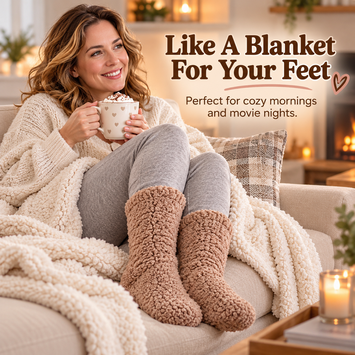 Woman relaxing on sofa wearing Snuggly Socks