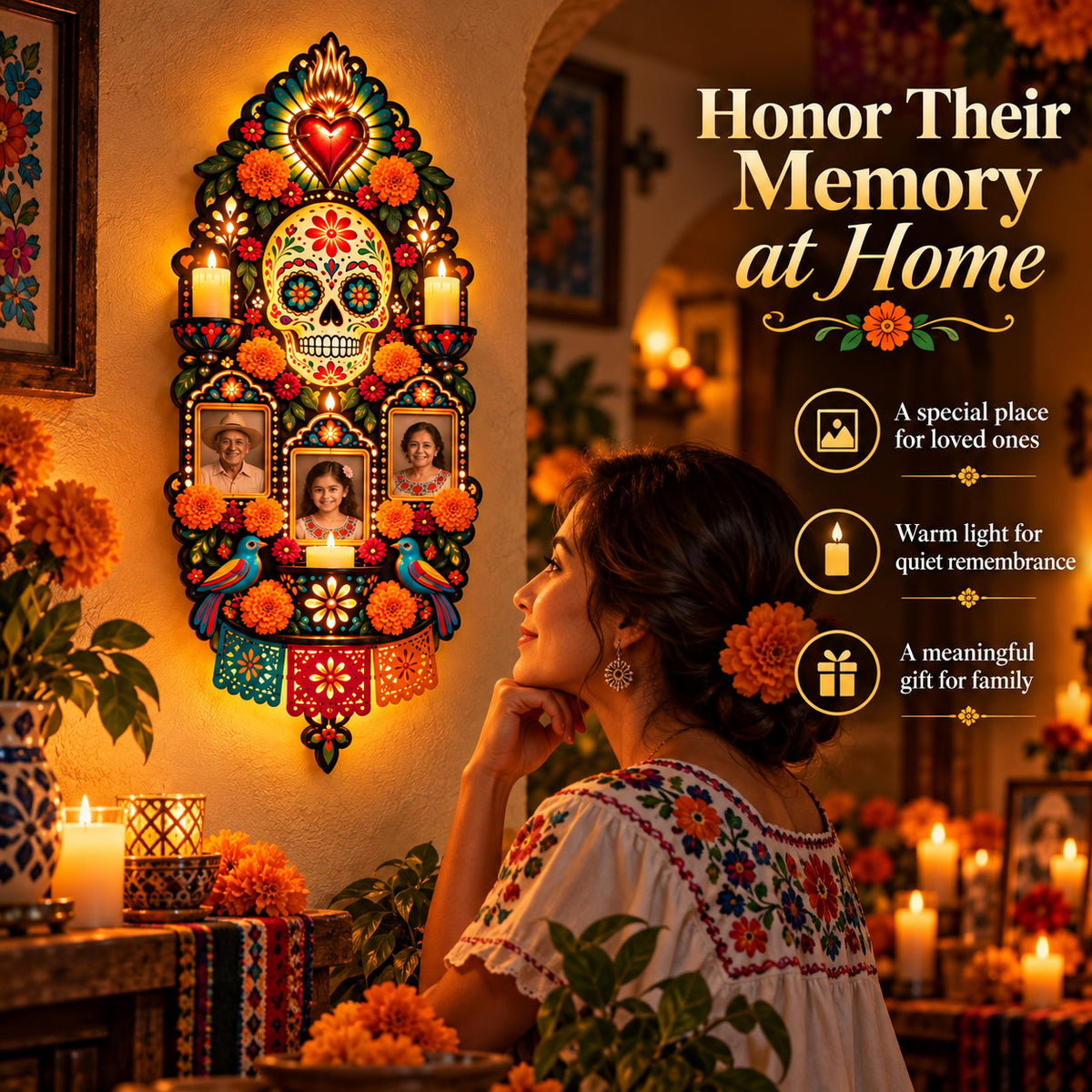 Woman reflecting beside illuminated family memorial wall decoration