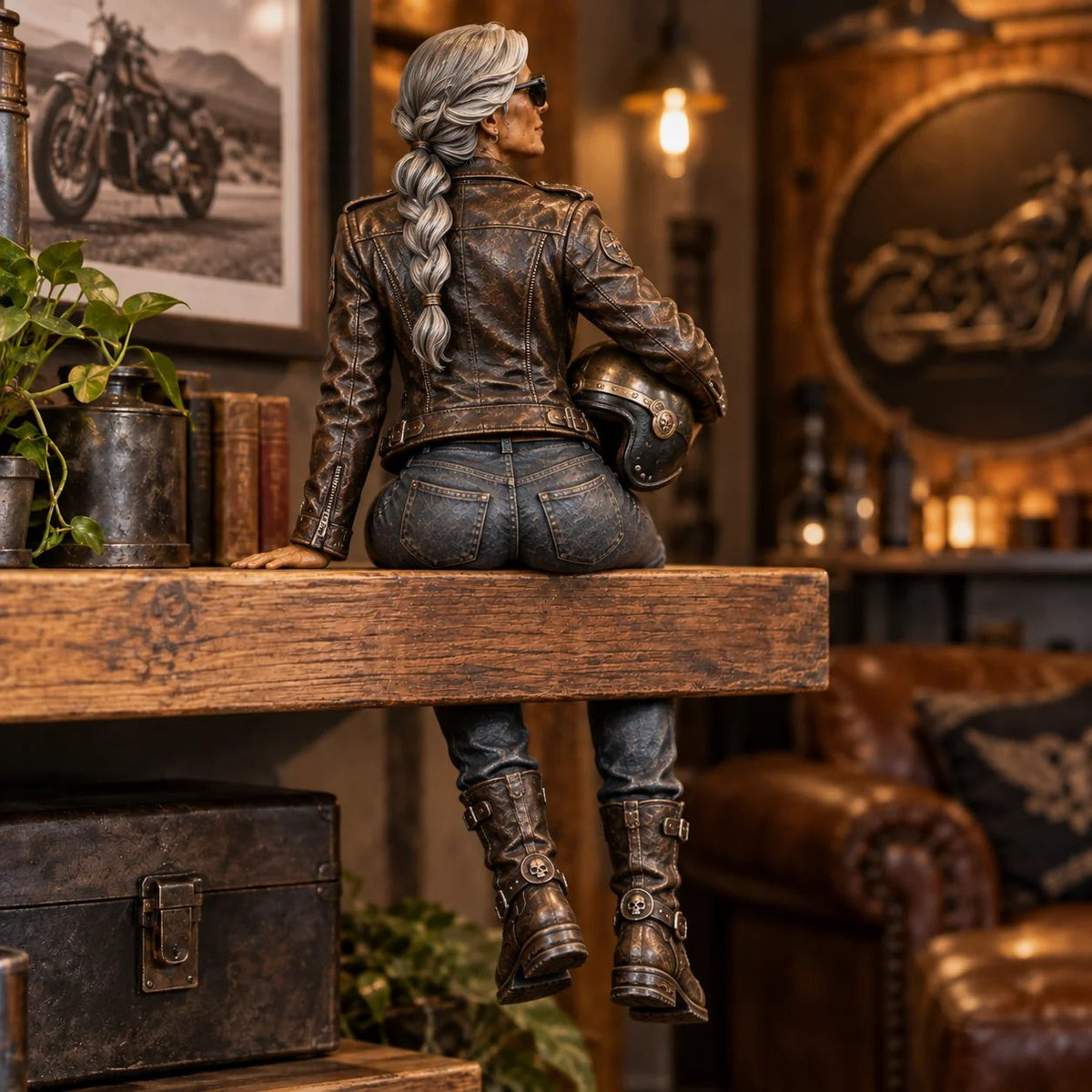 🔥 LAST DAY 50% OFF 🔥🏍️ Old Biker Soul™ – “Women Ride Too” Shelf-Sitter Figurine with Silver Hair, Leather-Look Jacket & Motorcycle Helmet ✨