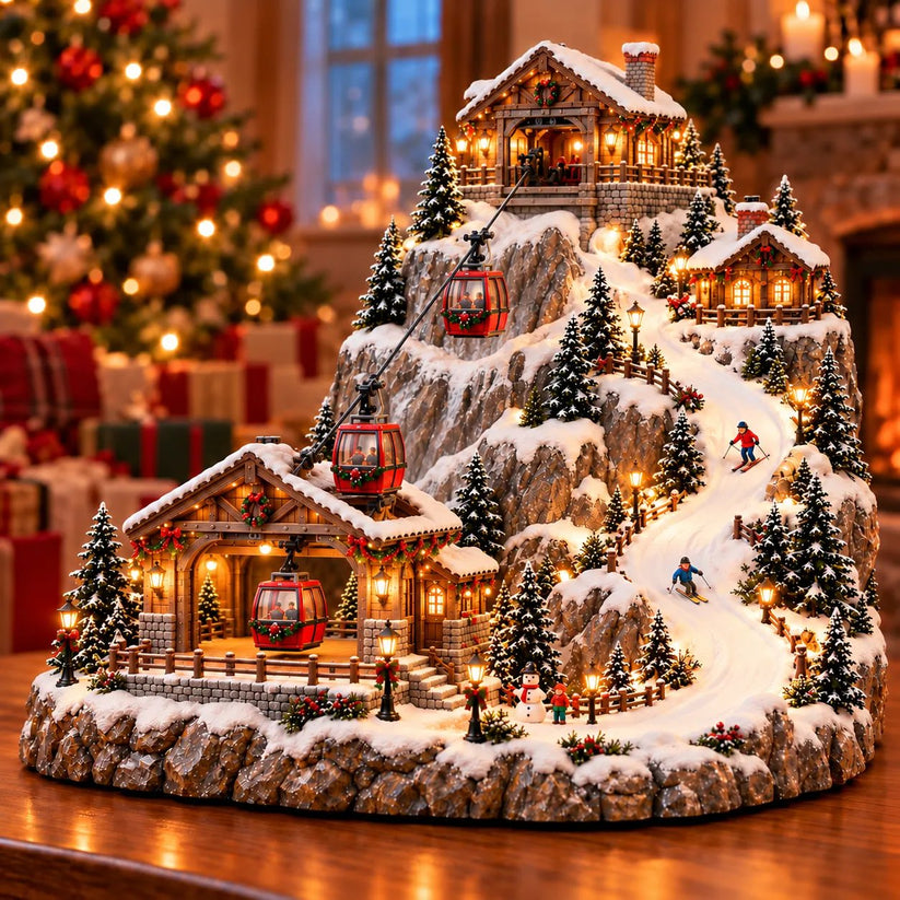 Animated Christmas mountain cable car and ski village decoration