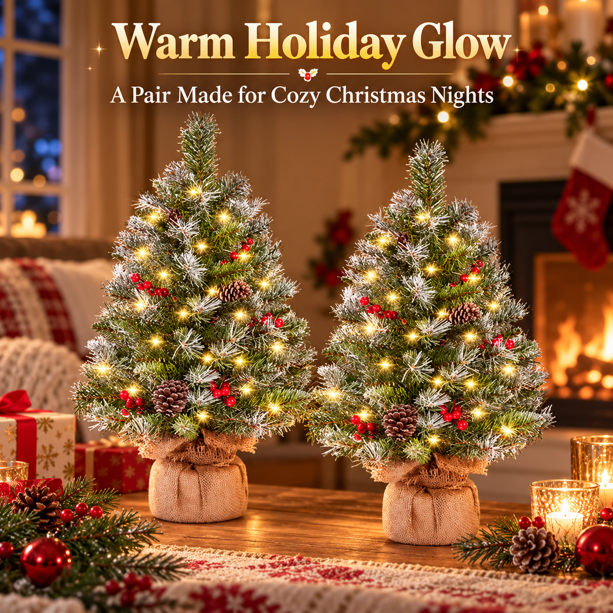 🎄 CozyGlow™ – Set of 2 Pre-Lit Frosted Christmas Trees ✨