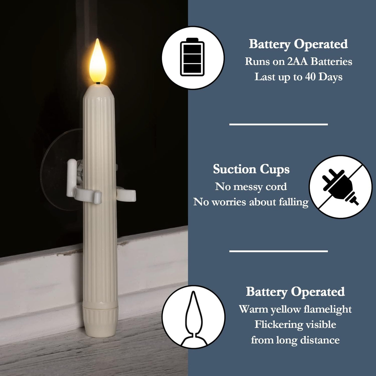 Battery-operated ivory window candle mounted with a suction cup holder
