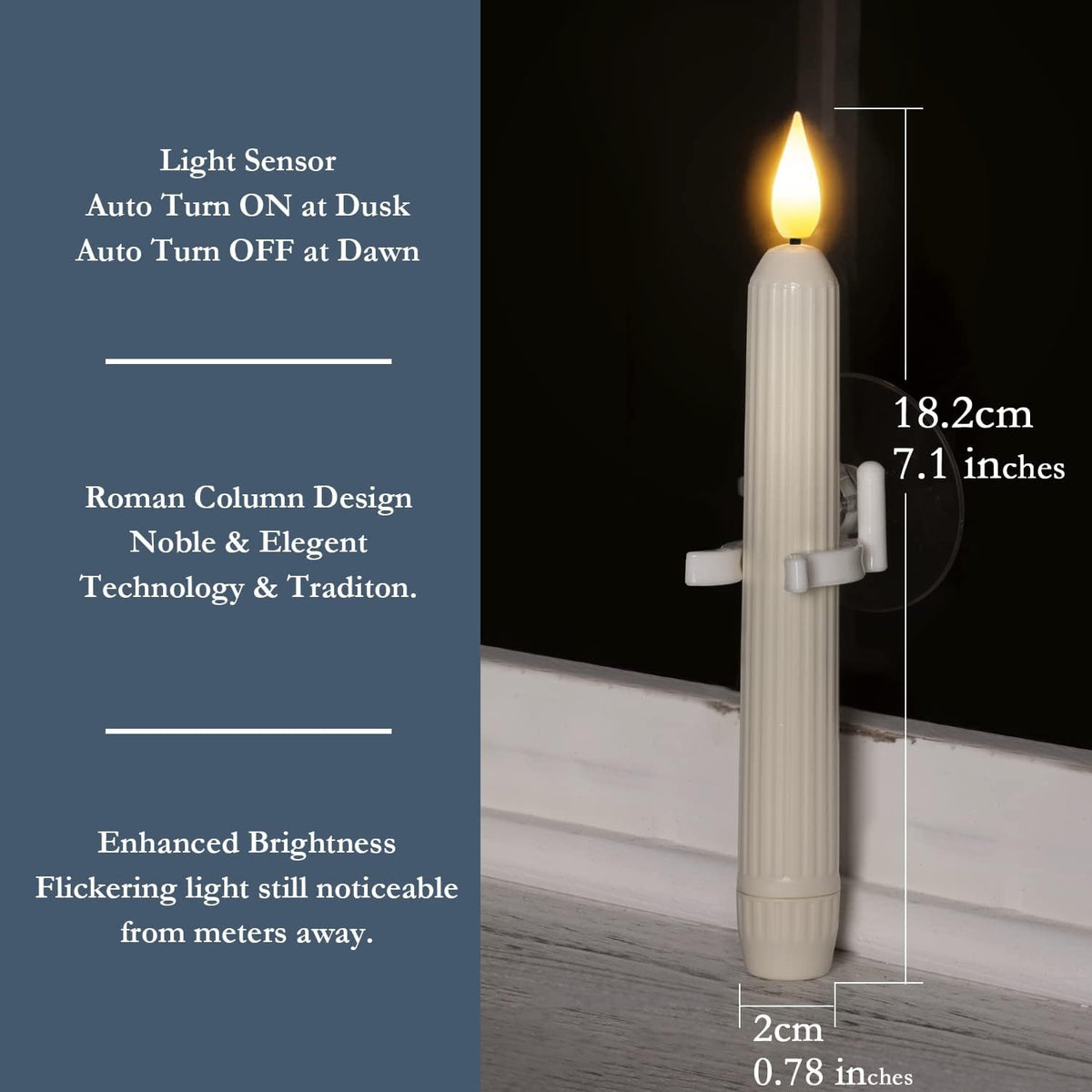 Window candle dimensions: approximately 18.2 centimeters tall and 2 centimeters wide