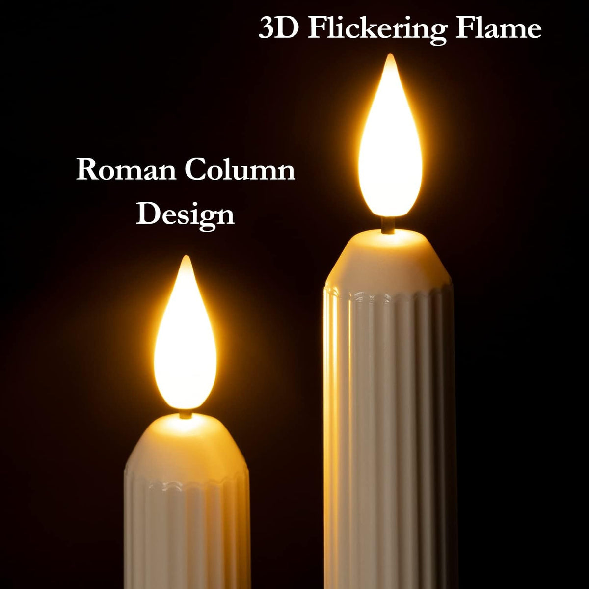 Close-up of warm flickering LED flames and ivory Roman column candle detailing