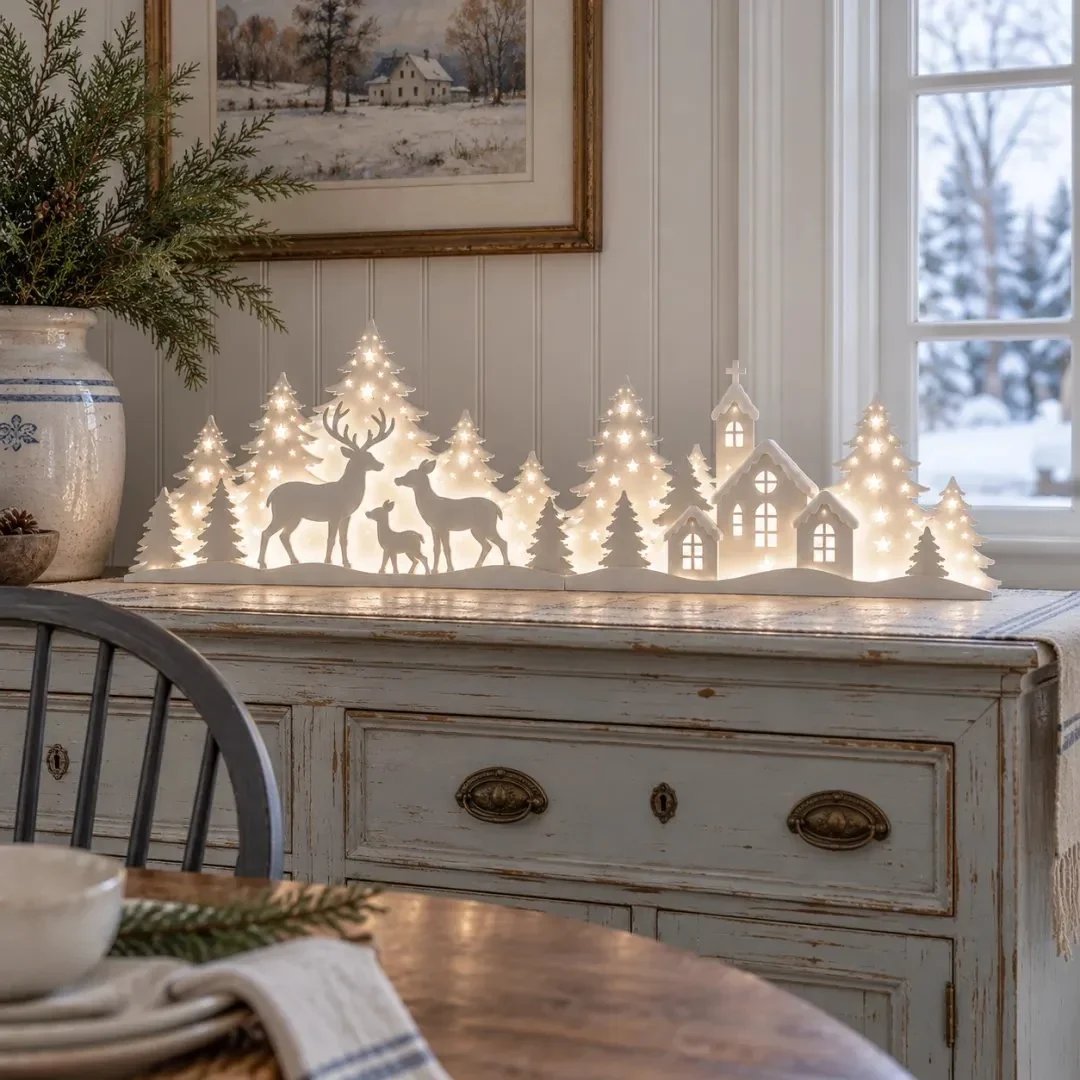 🦌 LED-Weihnachtsdekoration mit Rehen und Dorfmotiv für das Fenster | 2-teiliges beleuchtetes Set