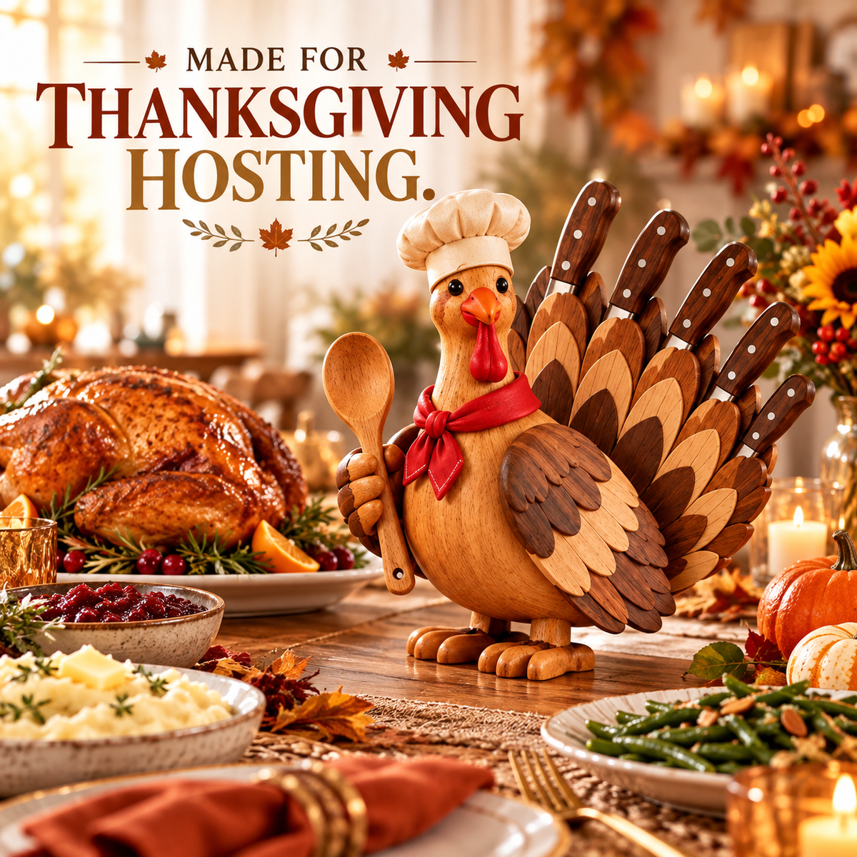 Wooden turkey knife holder in Thanksgiving dinner setting