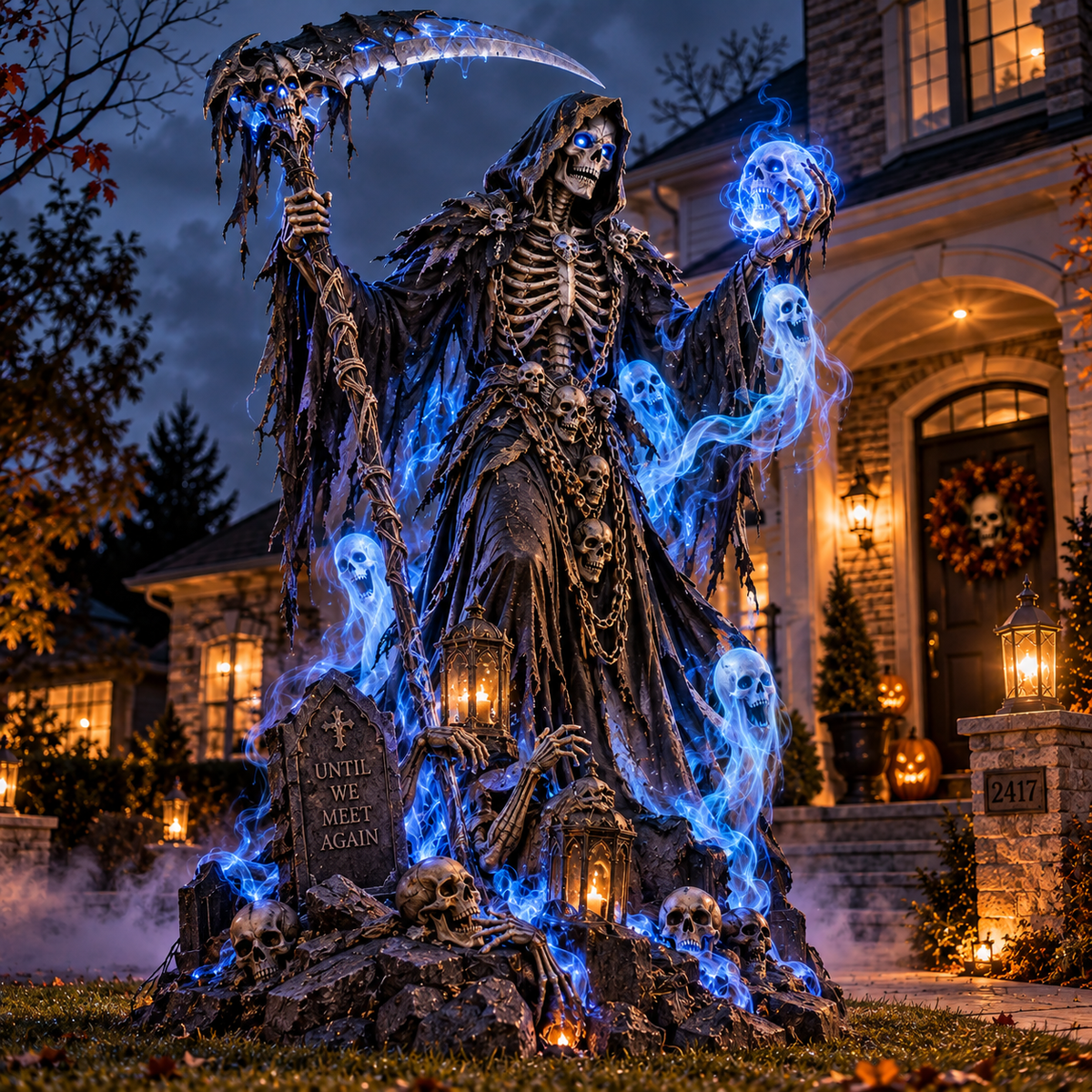 Giant Haunted Soul Reaper Lighted Halloween Yard Decoration – Glowing Grim Reaper with Ghostly Blue Spirits