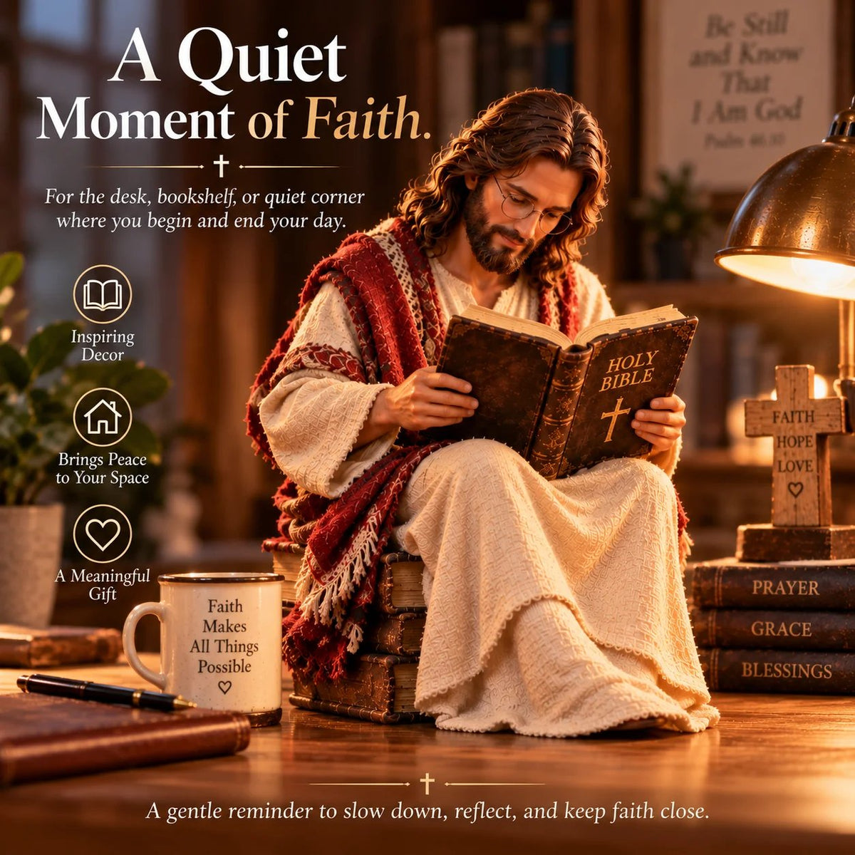 Jesus reading Bible Christian figurine