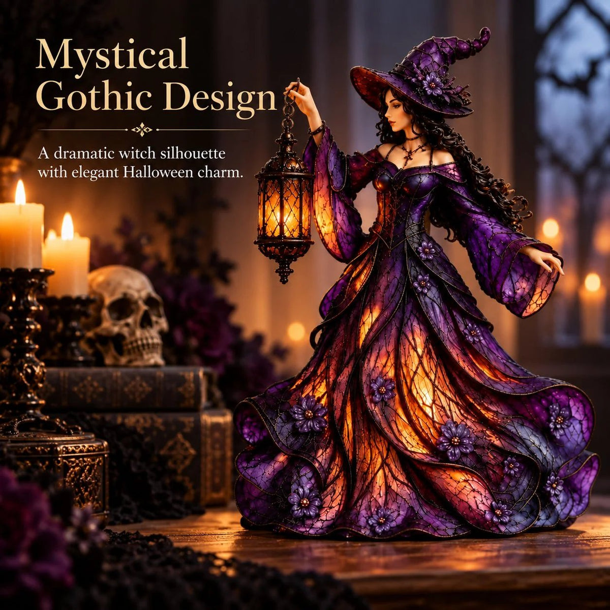 ⏳ Last Day 49% OFF – 🧙 Gothic Witch Lantern Figurine | Warm LED Glow for Shelves, Mantels & Halloween Displays 🎃
