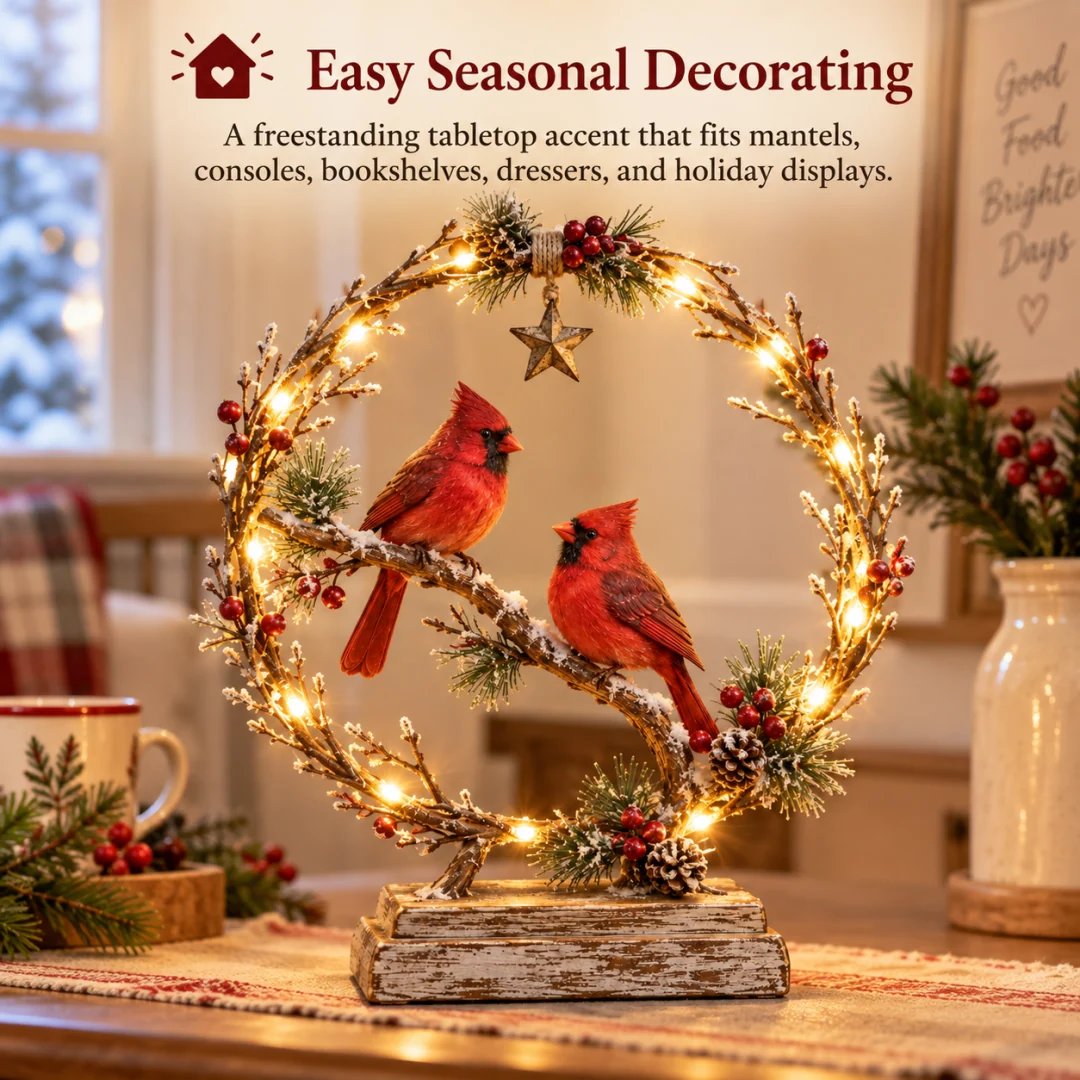 🔥Last Day 60% OFF -Lighted Cardinal Tabletop Decor, Rustic Red Cardinal Pair with Warm LED Lights