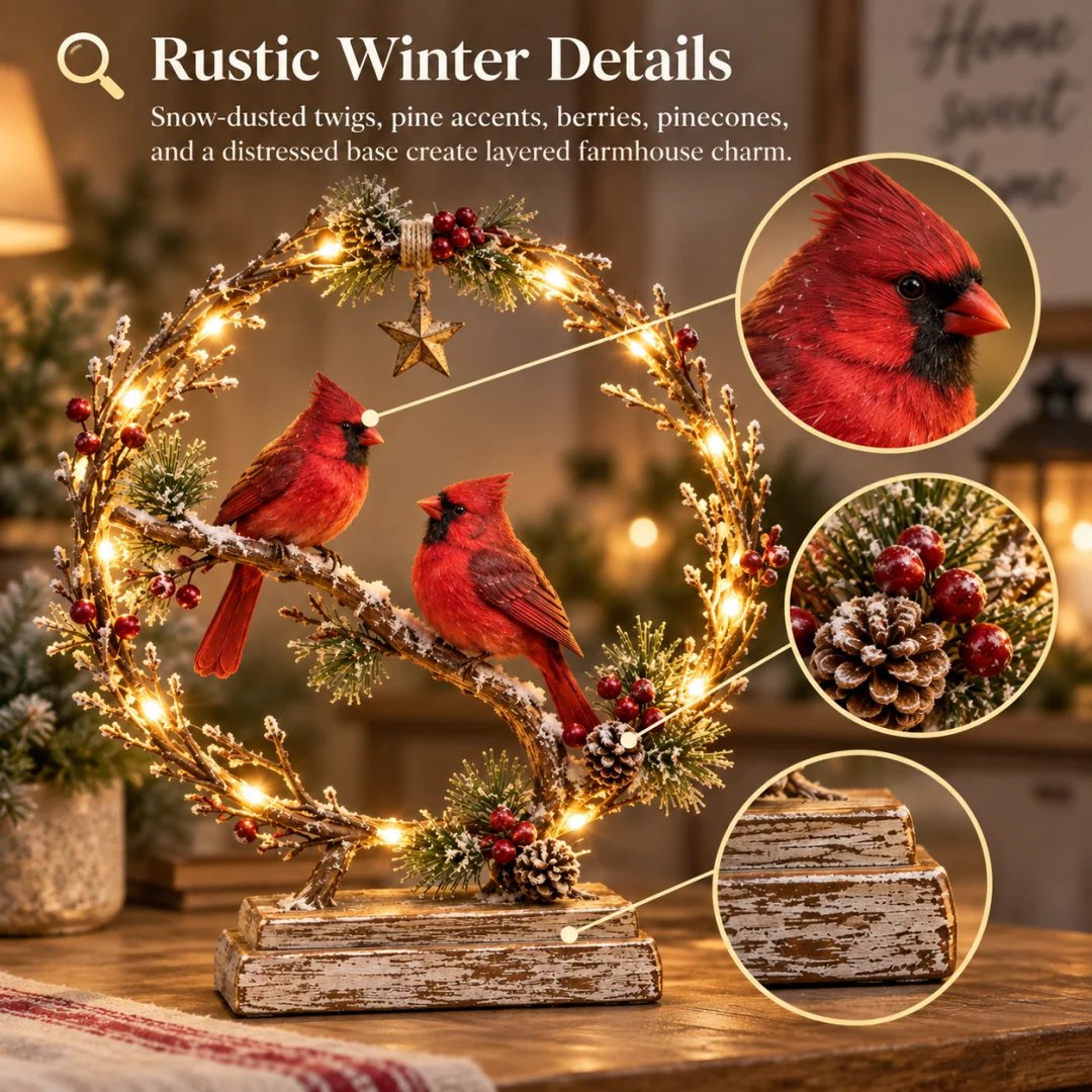 🔥Last Day 60% OFF -Lighted Cardinal Tabletop Decor, Rustic Red Cardinal Pair with Warm LED Lights